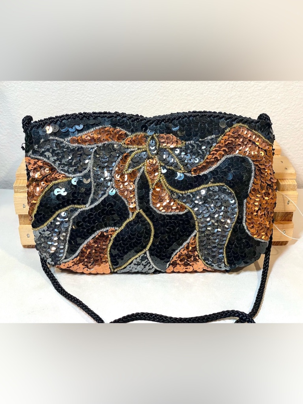 Black Silver Copper Sequin Evening Clutch Handbag | 19” Strap | Like New - Picture 2 of 13